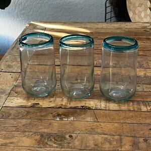 Mexican Hand Blown Glasses 6.5" Tall Light Blue Rim Set Of 3